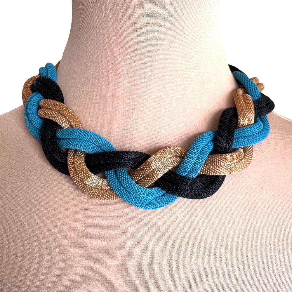 Braided Mesh Chain Statement Necklace Teal Black Gold 20"